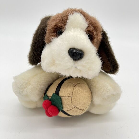 Vintage Small Russ Berrie Duke St Bernard Dog 5” Christmas Holiday Holly Barrel - Picture 5 of 10